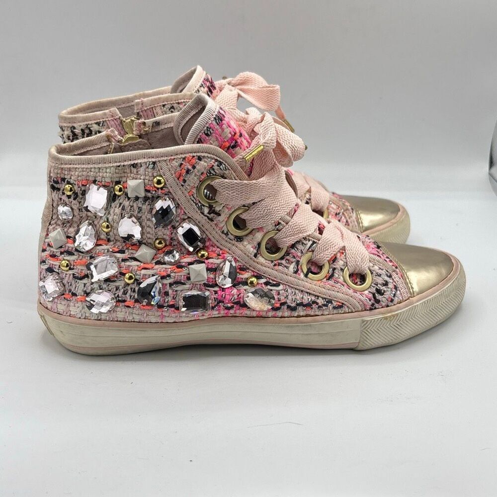 Ash Vanessa High Top Sneakers Pink Tweed Embellished Crystals Gold-Toned Metal